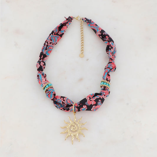 Collier ruban Liberty avec soleil, anneaux torsadés et pâtes de verre (39+5CM)