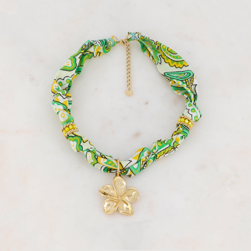 Collier ruban Liberty avec fleur, anneaux torsadés et pâtes de verre (39+5CM)