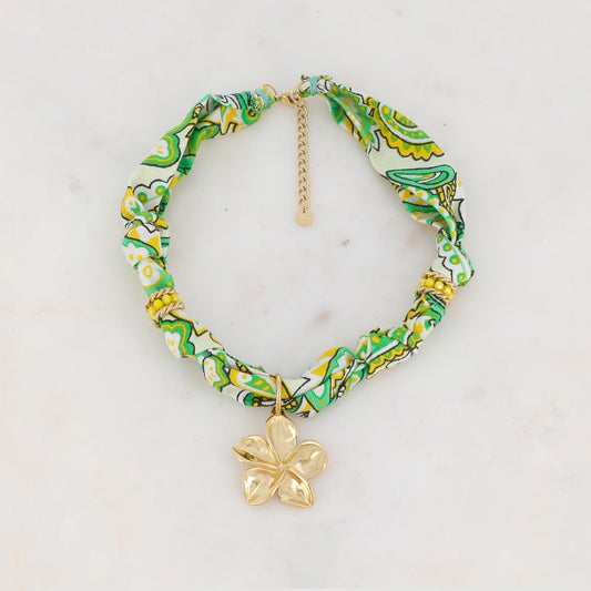 Collier ruban Liberty avec fleur, anneaux torsadés et pâtes de verre (39+5CM)