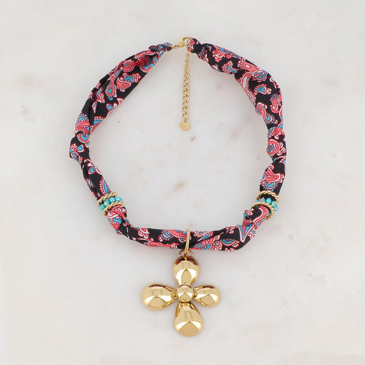 Collier ruban Liberty avec fleur, anneaux torsadés et pâtes de verre (39+5CM)