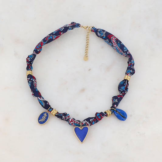 Collier ruban Liberty avec feuille, cœur, coquillage et émail (39+5CM)