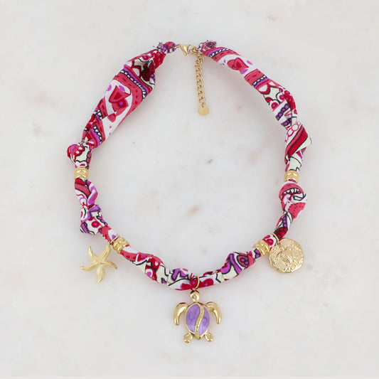 Collier sur ruban avec pendentif rond avec motif tortue, pendentif forme tortue en émail et étoile de mer 39+5 cm