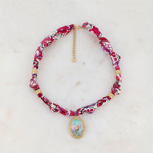 Collier sur ruban avec pendentif ovale émaillé avec motif fleur 39+5 cm