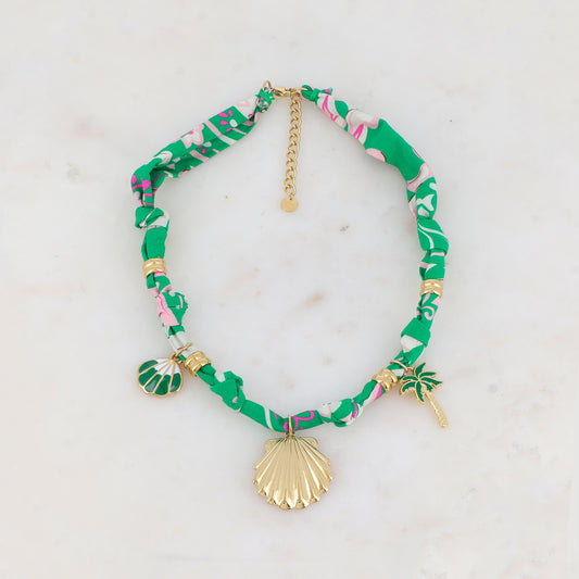 Collier sur ruban avec coquillage émaillé, coquille Saint-Jacques en acier et palmier émaillé 39+5 cm