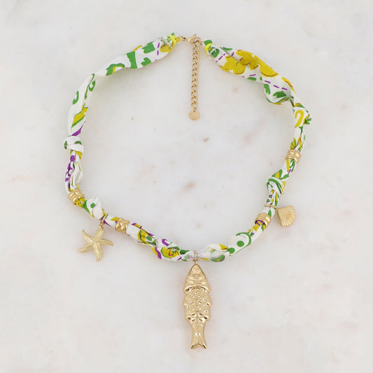 Collier sur ruban avec étoile de mer, poisson et coquillage 39+5 cm