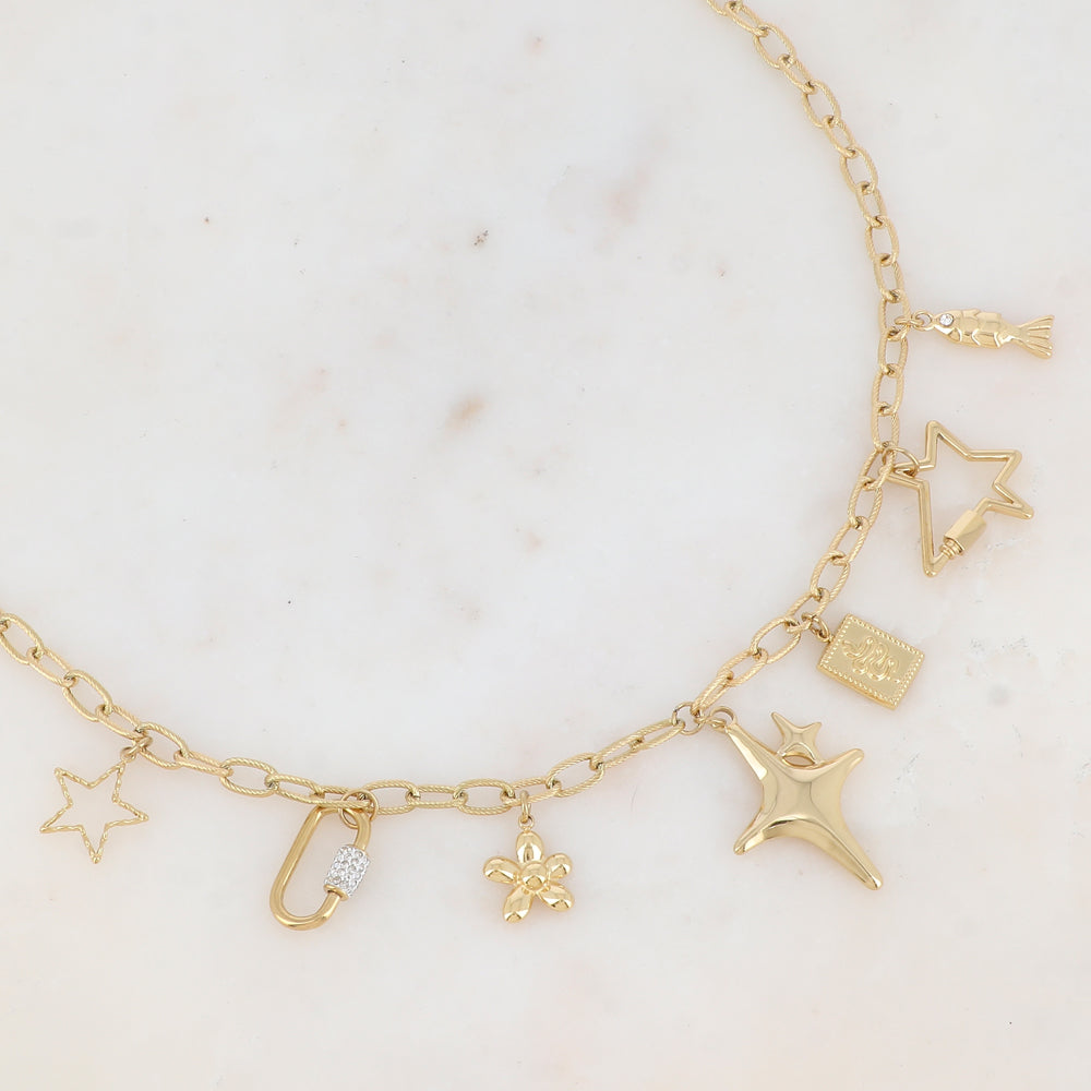 Collier en maille avec étoiles ajourées, anneau strassé, fleur, étoile effet miroir, serpent et poisson (45+6CM)