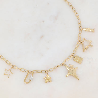 Collier en maille avec étoiles ajourées, anneau strassé, fleur, étoile effet miroir, serpent et poisson (45+6CM)