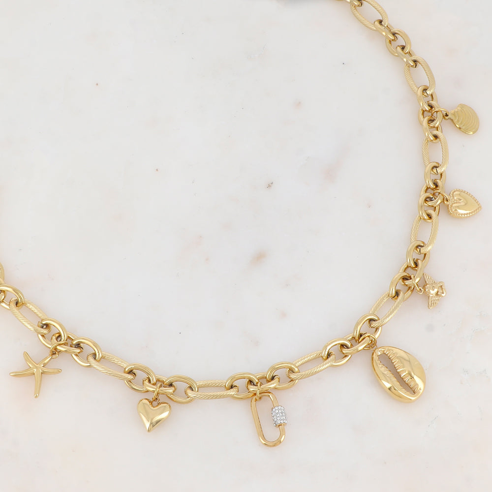 Collier en maille avec étoile de mer, coquillages, cœurs, anneau strassé et ange (41+5CM)