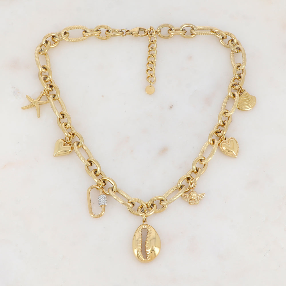Collier en maille avec étoile de mer, coquillages, cœurs, anneau strassé et ange (41+5CM)