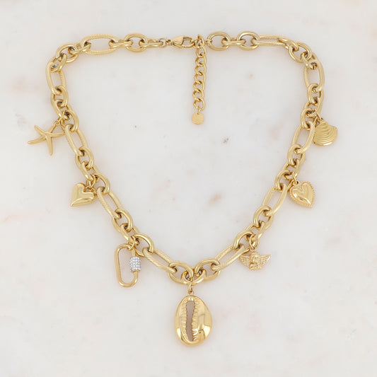 Collier en maille avec étoile de mer, coquillages, cœurs, anneau strassé et ange (41+5CM)