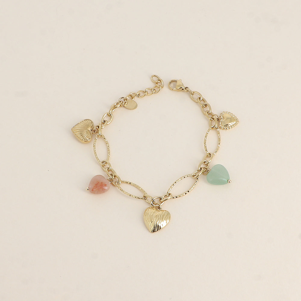 Bracelet - breloques cœurs en pierre naturelle agate verte et agate orange (17+3 cm)