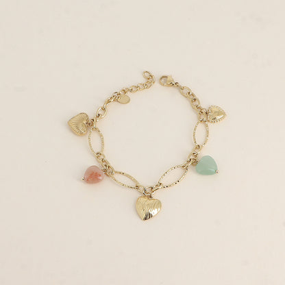 Bracelet - breloques cœurs en pierre naturelle agate verte et agate orange (17+3 cm)