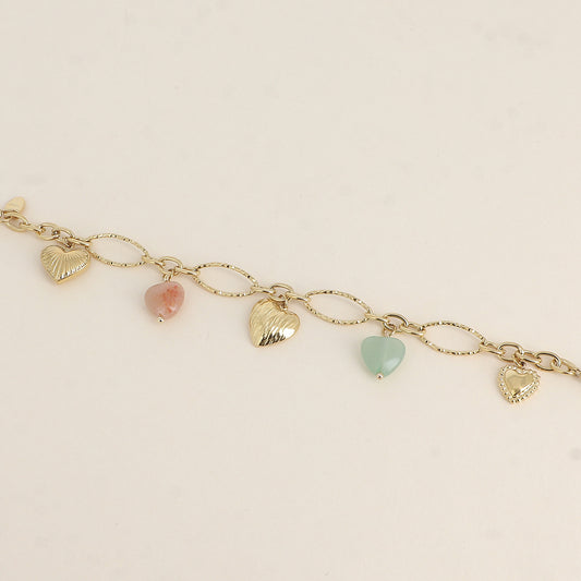 Bracelet - breloques cœurs en pierre naturelle agate verte et agate orange (17+3 cm)