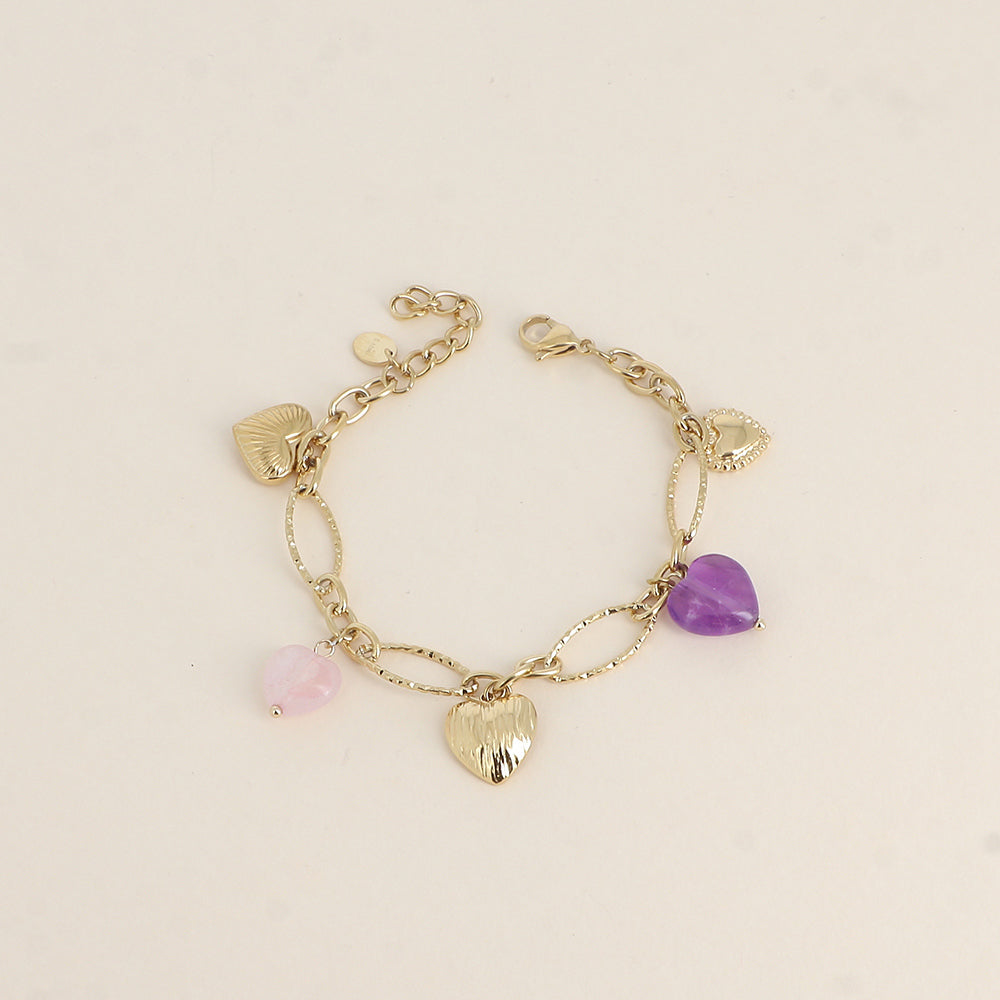 Bracelet - breloques cœurs en pierre naturelle améthyste (17+3 cm)