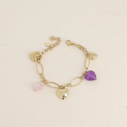 Bracelet - breloques cœurs en pierre naturelle améthyste (17+3 cm)