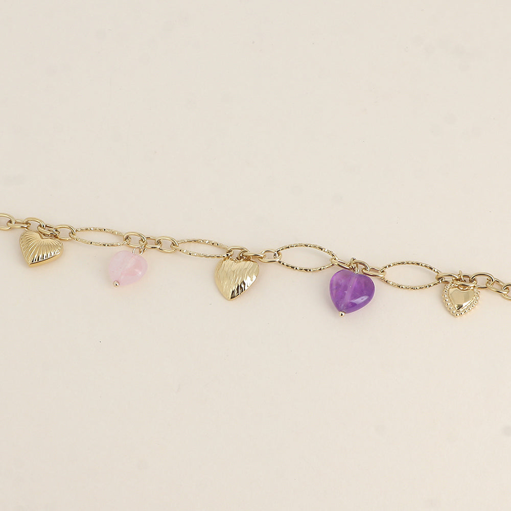 Bracelet - breloques cœurs en pierre naturelle améthyste (17+3 cm)