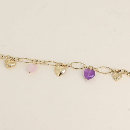 Bracelet - breloques cœurs en pierre naturelle améthyste (17+3 cm)