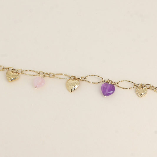 Bracelet - breloques cœurs en pierre naturelle améthyste (17+3 cm)