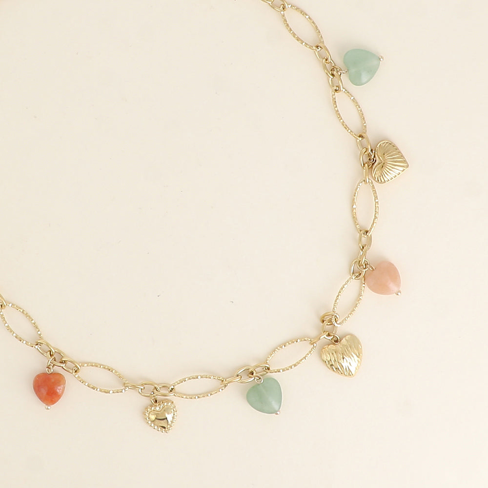 Collier - breloques cœurs en acier et en pierre naturelle agate orange et agate verte 40,5+7 cm
