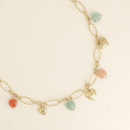 Collier - breloques cœurs en acier et en pierre naturelle agate orange et agate verte 40,5+7 cm