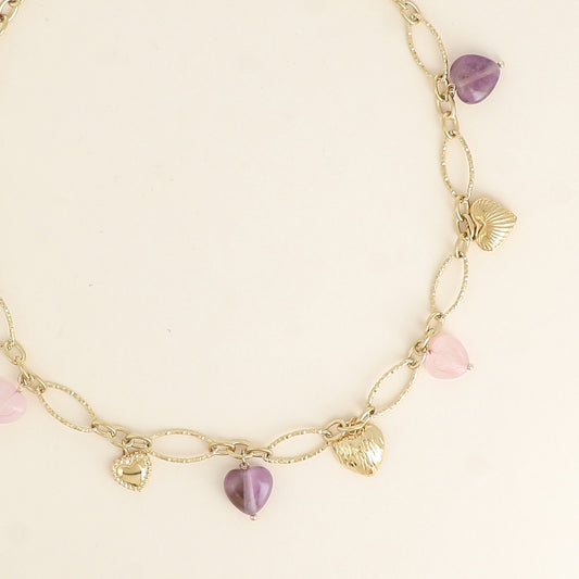 Collier - breloques coeurs en acier et en pierre naturelle agate rose et améthyste 40,5+7 cm