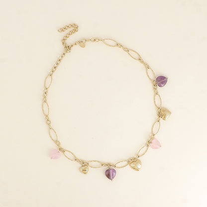Collier - breloques coeurs en acier et en pierre naturelle agate rose et améthyste 40,5+7 cm