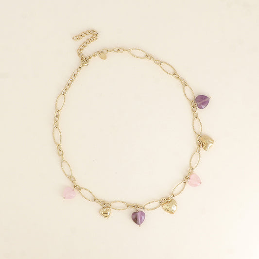 Collier - breloques coeurs en acier et en pierre naturelle agate rose et améthyste 40,5+7 cm