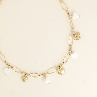 Collier - breloques cœurs en acier et en pierre naturelle nacre blanche 40,5+7 cm
