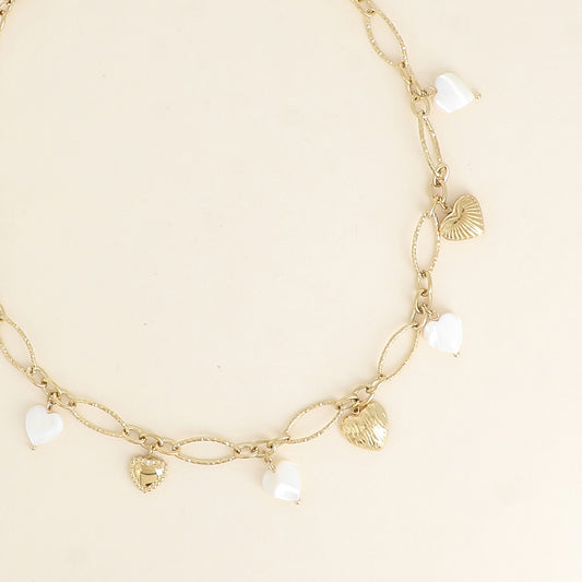 Collier - breloques cœurs en acier et en pierre naturelle nacre blanche 40,5+7 cm