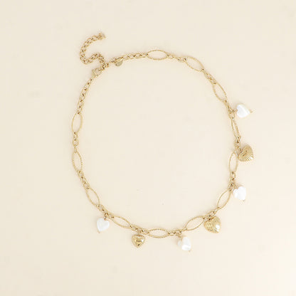 Collier - breloques cœurs en acier et en pierre naturelle nacre blanche 40,5+7 cm
