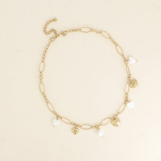 Collier - breloques cœurs en acier et en pierre naturelle nacre blanche 40,5+7 cm