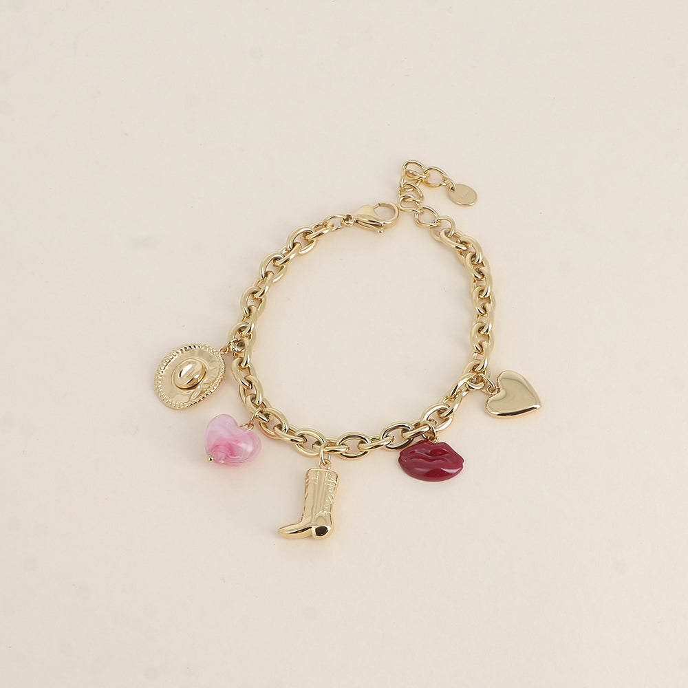 Bracelet - chapeau, cœur perlé, botte, lèvres émaillées, cœur (16,5+3 cm)