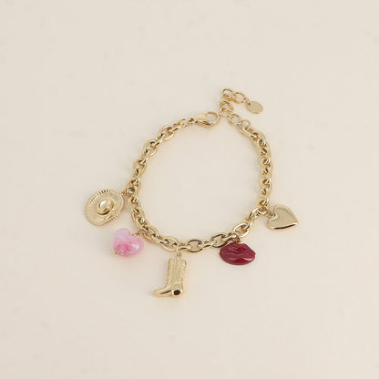 Bracelet - chapeau, cœur perlé, botte, lèvres émaillées, cœur (16,5+3 cm)