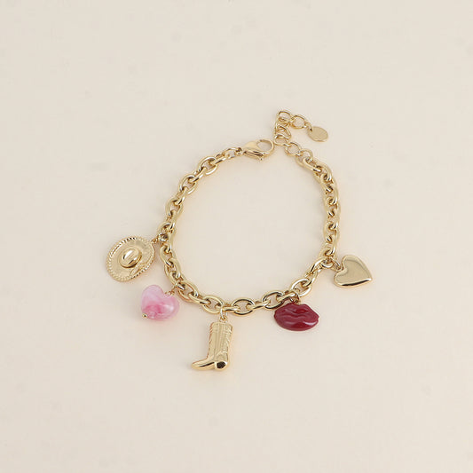Bracelet - chapeau, cœur perlé, botte, lèvres émaillées, cœur (16,5+3 cm)