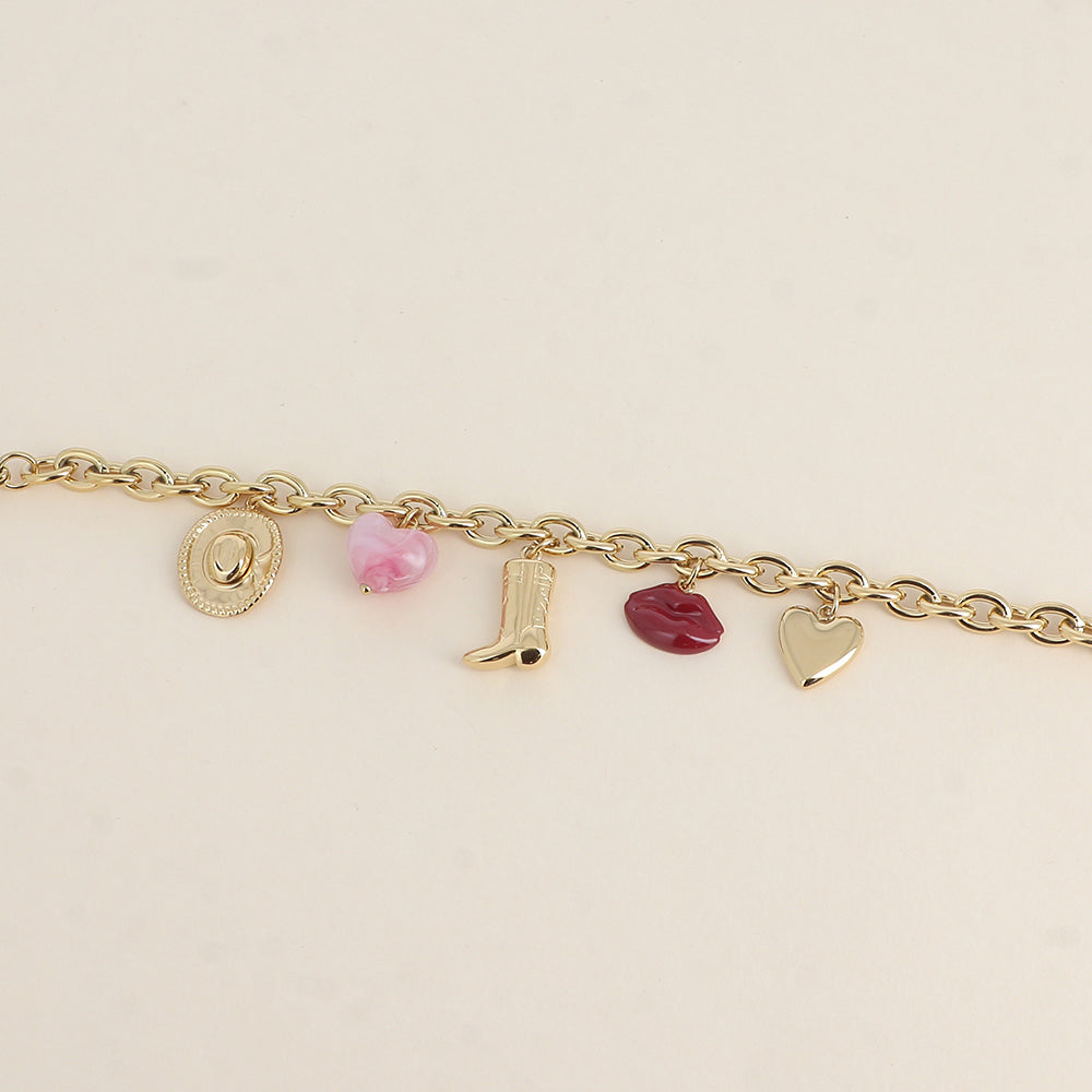 Bracelet - chapeau, cœur perlé, botte, lèvres émaillées, cœur (16,5+3 cm)