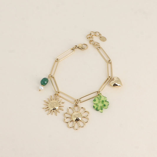 Bracelet - pierres naturelles, fleur, soleil, trèfle en résine, cœur martelé (17+3 cm)