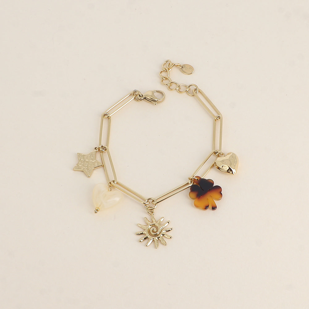 Bracelet - étoile martelée, cœur et trèfle en résine, soleil tourbillonnant, cœur martelé (17+3 cm)