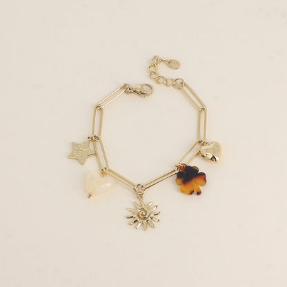 Bracelet - étoile martelée, cœur et trèfle en résine, soleil tourbillonnant, cœur martelé (17+3 cm)