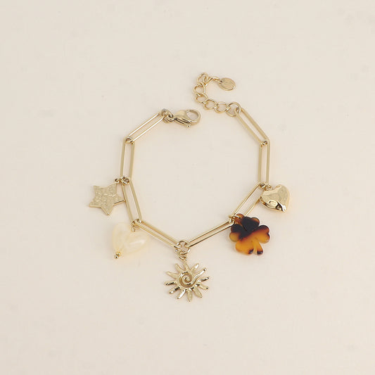 Bracelet - étoile martelée, cœur et trèfle en résine, soleil tourbillonnant, cœur martelé (17+3 cm)