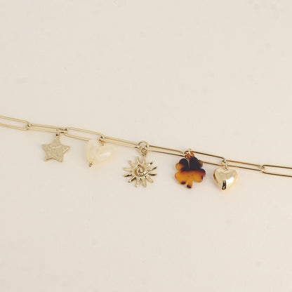 Bracelet - étoile martelée, cœur et trèfle en résine, soleil tourbillonnant, cœur martelé (17+3 cm)