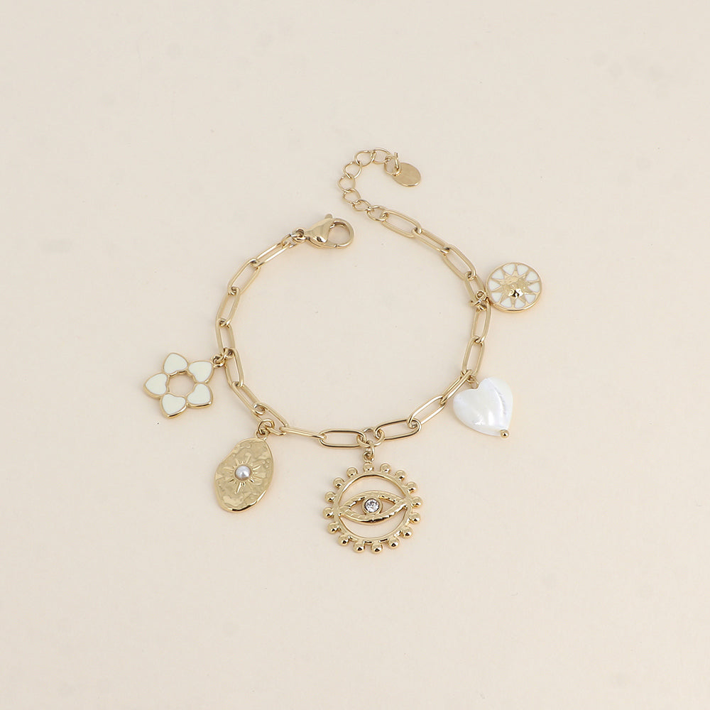 Bracelet - fleur en émail, soleils, cœur nacré, œil (17+3 cm)
