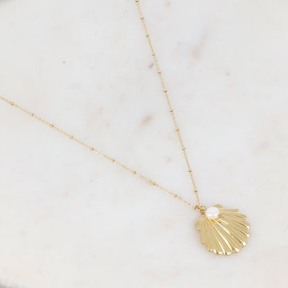 Sautoir avec coquille Saint-Jacques et perle d'eau douce (65+5CM)