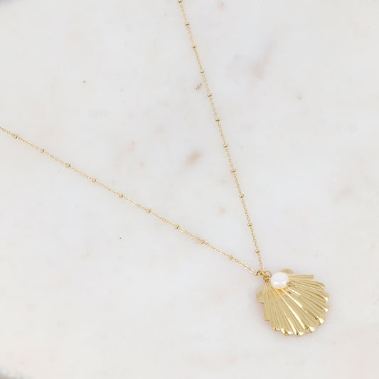 Sautoir avec coquille Saint-Jacques et perle d'eau douce (65+5CM)