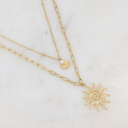 Collier double rangs en maille avec coquille Saint-Jacques, perle d'eau douce et soleilIKS1516X1000(39.5/48+5CM)