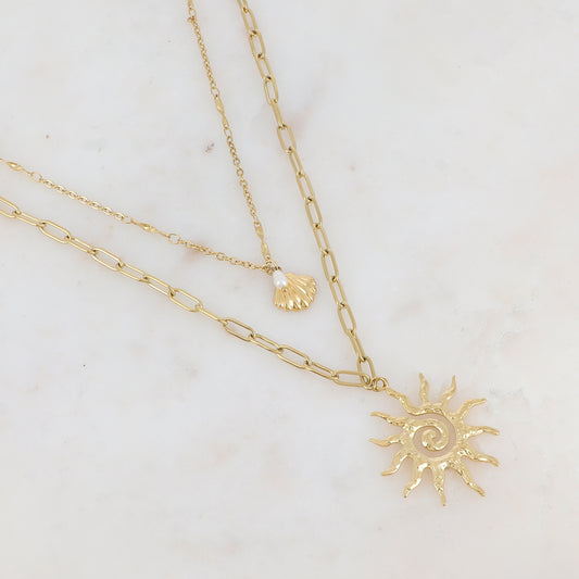 Collier double rangs en maille avec coquille Saint-Jacques, perle d'eau douce et soleilIKS1516X1000(39.5/48+5CM)