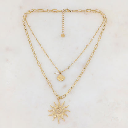 Collier double rangs en maille avec coquille Saint-Jacques, perle d'eau douce et soleilIKS1516X1000(39.5/48+5CM)