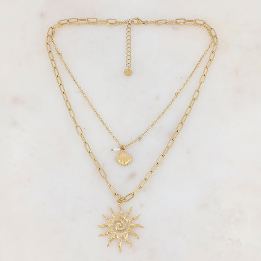 Collier double rangs en maille avec coquille Saint-Jacques, perle d'eau douce et soleilIKS1516X1000(39.5/48+5CM)