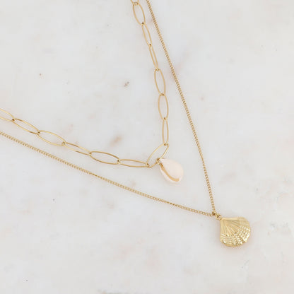 Collier double rangs en maille avec coquillages naturel et métallique (38/50+7CM)