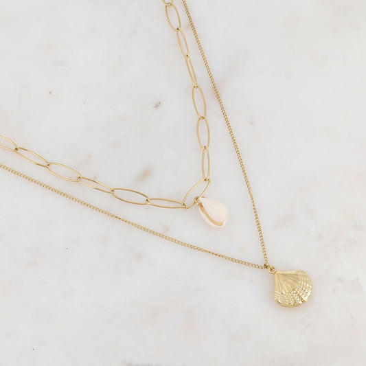 Collier double rangs en maille avec coquillages naturel et métallique (38/50+7CM)
