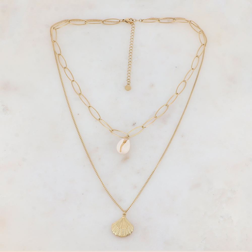 Collier double rangs en maille avec coquillages naturel et métallique (38/50+7CM)